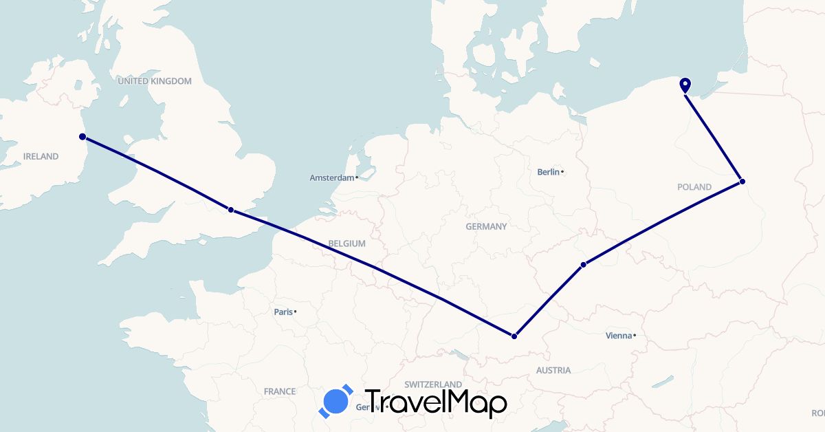 TravelMap itinerary: driving in Czech Republic, Germany, United Kingdom, Ireland, Poland (Europe)